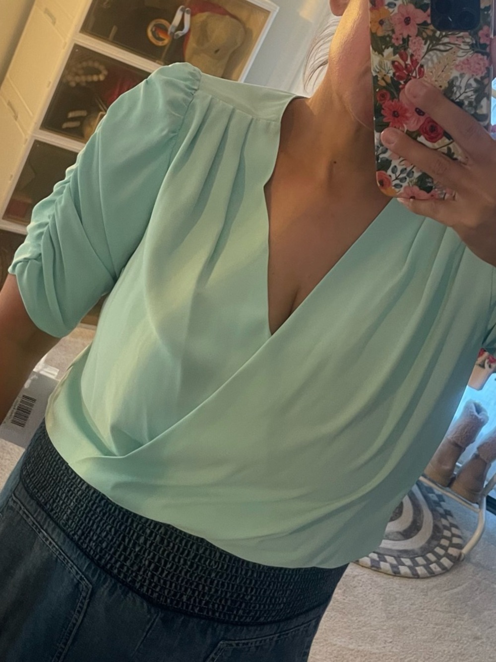 Amanda Uprichard Mint Green Surplice Blouse with Smocked Waist (bodysuit)